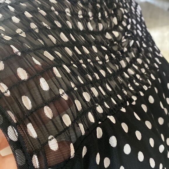 Kim & Cami Sleeveless Black Mock Ruffled Neck White Polka Dots Sheer S - Picture 8 of 12